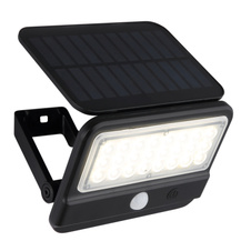 Solární svítidlo, černý matný/satinový plast, vypínač, baterie. CR18650 1500 mAh 3,7 V, IP54, 2 nastavení senzoru, doba svícení cca 20s, dobíjení cca 6h, svítí cca 10h , ŠxV:14,4x10,4cm, AL:15,4cm, včetně LED 4W 3,7V 400lm 4000K.