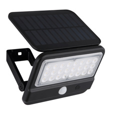 Solární svítidlo, černý matný/satinový plast, vypínač, baterie. CR18650 1500 mAh 3,7 V, IP54, 2 nastavení senzoru, doba svícení cca 20s, dobíjení cca 6h, svítí cca 10h , ŠxV:14,4x10,4cm, AL:15,4cm, včetně LED 4W 3,7V 400lm 4000K.