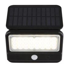 Solární svítidlo, černý matný/satinový plast, vypínač, baterie. CR18650 1500 mAh 3,7 V, IP54, 2 nastavení senzoru, doba svícení cca 20s, dobíjení cca 6h, svítí cca 10h , ŠxV:14,4x10,4cm, AL:15,4cm, včetně LED 4W 3,7V 400lm 4000K.