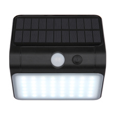 Solární svítidlo, plast černý/satin, vypínač, baterie CR18650 1200 mAh 3,7V, IP54, nabíjí se cca 6h, svítí cca 12h, 3 nastavení senzoru, ŠxV:12x11,8cm, AL:6,8cm, LED 2,5W 3,7V, zdroj 300lm, výkon 250lm, 4000K