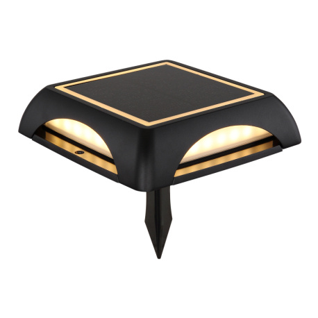 Solární svítidlo, hliník černý matný, plast černý/bílý, vypínač, baterie CR18650 1500mAh 3,7V, IP65, lze zapojit nebo zavěsit, 3 úrovně jasu: 15% 10lm, 75% 40lm, 100% 60lm, DxŠxV:14x14x3,6cm, výška s hrotem 11,3cm, LED 1,2W 3,7V 3000K