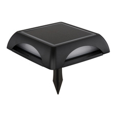 Solární svítidlo, hliník černý matný, plast černý/bílý, vypínač, baterie CR18650 1500mAh 3,7V, IP65, lze zapojit nebo zavěsit, 3 úrovně jasu: 15% 10lm, 75% 40lm, 100% 60lm, DxŠxV:14x14x3,6cm, výška s hrotem 11,3cm, LED 1,2W 3,7V 3000K