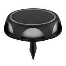Solární svítidlo, hliník černý matný, plast černý/bílý, vypínač, baterie CR18650 1200mAh 3,7V, IP65, lze zapojit nebo zavěsit, 3 úrovně jasu: 15% 10lm, 75% 40lm, 100% 60lm, ø:14cm, H:3,6cm, výška s hrotem:11,3cm, LED 1,2W 3V 200lm 3000K