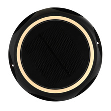 Solární svítidlo, hliník černý matný, plast černý/bílý, vypínač, baterie CR18650 1200mAh 3,7V, IP65, lze zapojit nebo zavěsit, 3 úrovně jasu: 15% 10lm, 75% 40lm, 100% 60lm, ø:14cm, H:3,6cm, výška s hrotem:11,3cm, LED 1,2W 3V 200lm 3000K