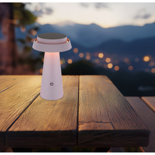 Solární svítidlo, plastové růžové, černé, dotykový stmívač, paměť, bez adaptéru a USB kabelu, CR18650 1800mAh 3,7V, IP54, USB-C nabíjení cca 4h / solární cca 22h, ø:14cm V:23cm, LED 4W 3,7V, zdroj 30-400lm, výkon 50-200lm, CCT 1800/2700/3000K.