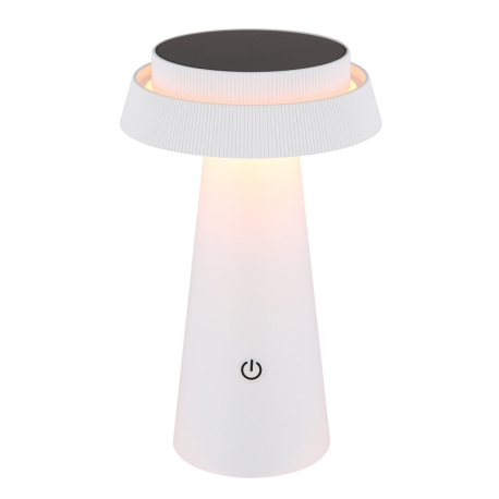 Solární svítidlo, plastové bílé, černé, dotykový stmívač, paměť, bez adaptéru a kabelu USB, baterie. CR18650 1800mAh 3,7V, IP54, USB-C nabíjení cca 4h / solární cca 22h, ø:14cm V:23cm, LED 4W 3,7V, zdroj 30-400lm, výkon 50-200lm, CCT 1800/2700/3000K.