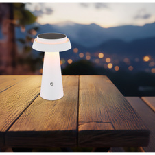 Solární svítidlo, plastové bílé, černé, dotykový stmívač, paměť, bez adaptéru a kabelu USB, baterie. CR18650 1800mAh 3,7V, IP54, USB-C nabíjení cca 4h / solární cca 22h, ø:14cm V:23cm, LED 4W 3,7V, zdroj 30-400lm, výkon 50-200lm, CCT 1800/2700/3000K.