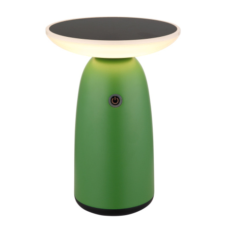 Solární svítidlo, hliník zelený mat, plast černý mat/bílý, dotykový stmívač, paměť, bez adaptéru, baterie. CR18650 1800mAh 3,7V, IP54, nabíjení: USB-C 5h / solární 8h, ø:16cm, V: 22,5cm, LED 10W 230V, zdroj 100-1000 lm, výkon 50-500 lm, 3000K.