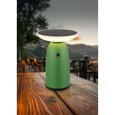 Solární svítidlo, hliník zelený mat, plast černý mat/bílý, dotykový stmívač, paměť, bez adaptéru, baterie. CR18650 1800mAh 3,7V, IP54, nabíjení: USB-C 5h / solární 8h, ø:16cm, V: 22,5cm, LED 10W 230V, zdroj 100-1000 lm, výkon 50-500 lm, 3000K.