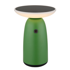 Solární svítidlo, hliník zelený mat, plast černý mat/bílý, dotykový stmívač, paměť, bez adaptéru, baterie. CR18650 1800mAh 3,7V, IP54, nabíjení: USB-C 5h / solární 8h, ø:16cm, V: 22,5cm, LED 10W 230V, zdroj 100-1000 lm, výkon 50-500 lm, 3000K.