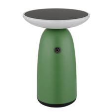 Solární svítidlo, hliník zelený mat, plast černý mat/bílý, dotykový stmívač, paměť, bez adaptéru, baterie. CR18650 1800mAh 3,7V, IP54, nabíjení: USB-C 5h / solární 8h, ø:16cm, V: 22,5cm, LED 10W 230V, zdroj 100-1000 lm, výkon 50-500 lm, 3000K.