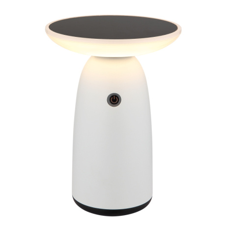 Solární svítidlo, hliník bílý mat, plast černý mat/bílé, dotykový stmívač, paměť, bez adaptéru, baterie. CR18650 1800mAh 3,7V, IP54, nabíjení: USB-C 5h / solární 8h, ø:16cm, V:22,5cm, LED 10W, 230V, zdroj 100-1000 lm, výkon 50-500 lm, 3000K