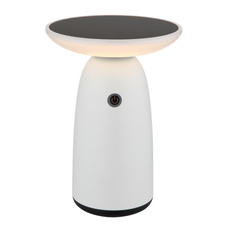 Solární svítidlo, hliník bílý mat, plast černý mat/bílé, dotykový stmívač, paměť, bez adaptéru, baterie. CR18650 1800mAh 3,7V, IP54, nabíjení: USB-C 5h / solární 8h, ø:16cm, V:22,5cm, LED 10W, 230V, zdroj 100-1000 lm, výkon 50-500 lm, 3000K