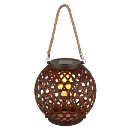 Solární svítidlo, imitace rzi, přírodní konopí, vypínač, ohnivý efekt, baterie AA 300mAh 1,2V, IP44, kulaté svítidlo k zavěšení nebo postavení, ø:20cm, V:36cm, včetně 12xLED 0,024W 3V 1800K