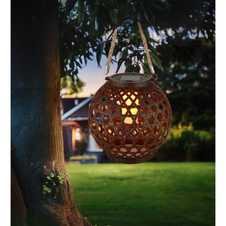 Solární svítidlo, imitace rzi, přírodní konopí, vypínač, ohnivý efekt, baterie AA 300mAh 1,2V, IP44, kulaté svítidlo k zavěšení nebo postavení, ø:20cm, V:36cm, včetně 12xLED 0,024W 3V 1800K