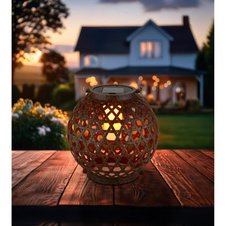 Solární svítidlo, imitace rzi, přírodní konopí, vypínač, ohnivý efekt, baterie AA 300mAh 1,2V, IP44, kulaté svítidlo k zavěšení nebo postavení, ø:20cm, V:36cm, včetně 12xLED 0,024W 3V 1800K