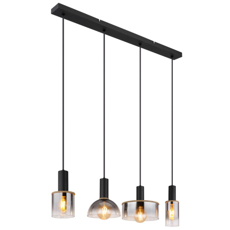 Závěsné svítidlo kov černý matný, kov imitace dřeva, sklo kouřové, kabel PVC černý, DxŠxV:1050x250x1200mm, Ø stínítka: 1x10cm, 12cm, 20cm a 25cm, bez žárovek 4x E27 LED 15W, 230V
