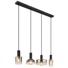 Závěsné svítidlo kov černý matný, kov imitace dřeva, sklo kouřové, kabel PVC černý, DxŠxV:1050x250x1200mm, Ø stínítka: 1x10cm, 12cm, 20cm a 25cm, bez žárovek 4x E27 LED 15W, 230V