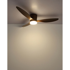 Stropní ventilátor, kov/plast, imitace dřeva, stmívatelný, více rychlostí nástěnným vypínačem, paměť, časovač, dálkové ovládání, 2 směry otáčení, ø: 1315mm, V: 226mm, LED 20W 230V, zdroj 2460 lm, výkon 1450 lm, CCT 2700-6500K