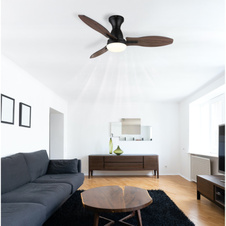 Stropní ventilátor, kov černý, plast bílý, imitace dřeva, několik úrovní nástěnným vypínačem, paměť, časovač, dálkové ovládání, 25m², otáčení ve dvou směrech, ø: 1070mm, V: 325mm, LED 22W 230V, zdroj 2890lm, výkon 2453lm, CCT 3000/4500/6000K