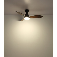 Stropní ventilátor, kov černý, plast bílý, imitace dřeva, několik úrovní nástěnným vypínačem, paměť, časovač, dálkové ovládání, 25m², otáčení ve dvou směrech, ø: 1070mm, V: 325mm, LED 22W 230V, zdroj 2890lm, výkon 2453lm, CCT 3000/4500/6000K