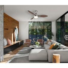Stropní ventilátor, kov nikl, plast imitace dřeva, více rychlostí nástěnným vypínačem, paměťová funkce, časovač, dálkové ovládání, 25m², otáčení ve 2 směrech, ø: 1070mm, V: 325mm, LED 22W 230V, zdroj 2890lm, výkon 2453lm, CCT3000/4500/6000K