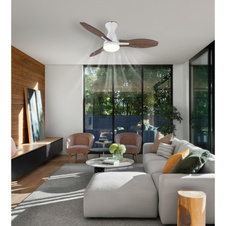 Stropní ventilátor, kov bílý, plast bílý, imitace dřeva, několik rychlostí nástěnným vypínačem, paměť, časovač, dálkové ovládání, 25m², 2 směry otáčení, ø: 1070mm, H: 325mm, LED 22W 230V, zdroj 2890lm, výkon 2453m, CCT 3000/4500/6000K