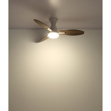 Stropní ventilátor, kov bílý, plast bílý, imitace dřeva, několik rychlostí nástěnným vypínačem, paměť, časovač, dálkové ovládání, 25m², 2 směry otáčení, ø: 1070mm, H: 325mm, LED 22W 230V, zdroj 2890lm, výkon 2453m, CCT 3000/4500/6000K