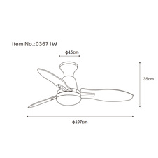 Stropní ventilátor, kov bílý, plast bílý, imitace dřeva, několik rychlostí nástěnným vypínačem, paměť, časovač, dálkové ovládání, 25m², 2 směry otáčení, ø: 1070mm, H: 325mm, LED 22W 230V, zdroj 2890lm, výkon 2453m, CCT 3000/4500/6000K