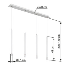 Závěsné svítidlo, kov bílý matný, akrylový saténový povrch, čirý, kabel PVC bílý, DxŠxV: 760x80x1200mm, bez žárovek 4xG9 LED, max. 4W 230V