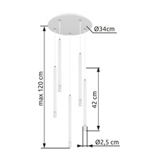 Závěsné svítidlo, matný bílý kov, saténový akryl, čirý, PVC kabel bílý, výškově nastavitelné, ø: 340mm, V: 1200mm, bez žárovek 5xG9 LED, max. 4W 230V