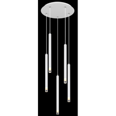 Závěsné svítidlo, matný bílý kov, saténový akryl, čirý, PVC kabel bílý, výškově nastavitelné, ø: 340mm, V: 1200mm, bez žárovek 5xG9 LED, max. 4W 230V