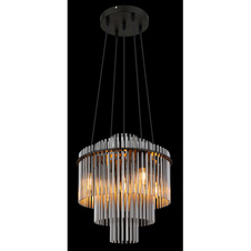 Závěsné svítidlo, černý matný kov, skleněné tyče kouřové barvy, černý PVC kabel, možnost zkrácení výšky, ø: 400mm, V: 1200mm, bez žárovek 5xE14, max. 40W 230V