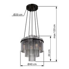Závěsné svítidlo, černý matný kov, skleněné tyče kouřové barvy, černý PVC kabel, možnost zkrácení výšky, ø: 400mm, V: 1200mm, bez žárovek 5xE14, max. 40W 230V