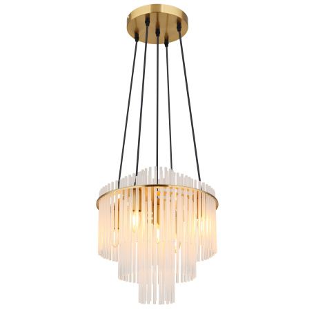 Závěsné svítidlo, kov matně zlatý, skleněné tyče bílé, čirý gradient, černý PVC kabel, výškově nastavitelné, ø: 400mm, V: 1200mm, bez žárovek 5xE14, max. 40W 230V