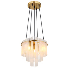 Závěsné svítidlo, kov matně zlatý, skleněné tyče bílé, čirý gradient, černý PVC kabel, výškově nastavitelné, ø: 400mm, V: 1200mm, bez žárovek 5xE14, max. 40W 230V