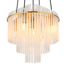 Závěsné svítidlo, kov matně zlatý, skleněné tyče bílé, čirý gradient, černý PVC kabel, výškově nastavitelné, ø: 400mm, V: 1200mm, bez žárovek 5xE14, max. 40W 230V