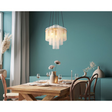 Závěsné svítidlo, kov matně zlatý, skleněné tyče bílé, čirý gradient, černý PVC kabel, výškově nastavitelné, ø: 400mm, V: 1200mm, bez žárovek 5xE14, max. 40W 230V