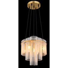 Závěsné svítidlo, kov matně zlatý, skleněné tyče bílé, čirý gradient, černý PVC kabel, výškově nastavitelné, ø: 400mm, V: 1200mm, bez žárovek 5xE14, max. 40W 230V