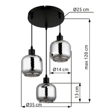 Závěsné svítidlo, černý matný kov, kouřové sklo, bílé, černý PVC kabel, výškově nastavitelné, ø: 350mm, V: 1200mm, bez žárovek 3xE27, max. 25W 230V