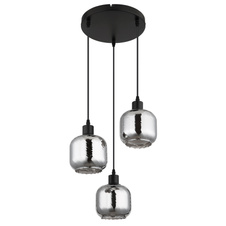 Závěsné svítidlo, černý matný kov, kouřové sklo, bílé, černý PVC kabel, výškově nastavitelné, ø: 350mm, V: 1200mm, bez žárovek 3xE27, max. 25W 230V
