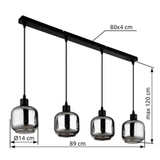 Závěsné svítidlo, černý matný kov, kouřové sklo, bílé, černý PVC kabel, možnost snížení výšky, DxŠxV: 890x140x1200mm, bez žárovek 4xE27, max. 25W 230V