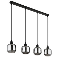 Závěsné svítidlo, černý matný kov, kouřové sklo, bílé, černý PVC kabel, možnost snížení výšky, DxŠxV: 890x140x1200mm, bez žárovek 4xE27, max. 25W 230V
