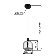 Závěsné svítidlo, černý matný kov, kouřové sklo, bílé, černý PVC kabel, možnost zkrácení výšky, ø: 140mm, V: 1200mm, bez žárovky 1xE27, max. 25W 230V