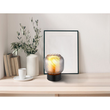 Stolní lampa, černý matný kov, kouřové sklo, bílá, černý PVC kabel, kolébkový vypínač na kabelu, ø: 140mm, V: 170mm, délka kabelu 1500mm, bez žárovky 1xE27, max. 25 W 230 V