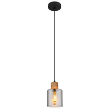 Závěsné svítidlo, černý matný kov, tmavě hnědé dřevo, kouřové sklo, černý PVC kabel, možnost zkrácení výšky, ø: 120mm, V: 1200mm, bez žárovky 1xE27, max. 25W 230V