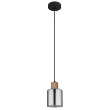 Závěsné svítidlo, černý matný kov, tmavě hnědé dřevo, kouřové sklo, černý PVC kabel, možnost zkrácení výšky, ø: 120mm, V: 1200mm, bez žárovky 1xE27, max. 25W 230V