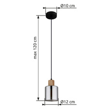 Závěsné svítidlo, černý matný kov, tmavě hnědé dřevo, kouřové sklo, černý PVC kabel, možnost zkrácení výšky, ø: 120mm, V: 1200mm, bez žárovky 1xE27, max. 25W 230V