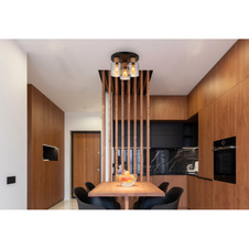 Stropní svítidlo, černý matný kov, tmavě hnědé dřevo, kouřové sklo, ø: 300mm, V: 210mm, bez žárovek 3xE27, max. 25W 230V