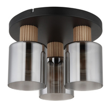 Stropní svítidlo, černý matný kov, tmavě hnědé dřevo, kouřové sklo, ø: 300mm, V: 210mm, bez žárovek 3xE27, max. 25W 230V